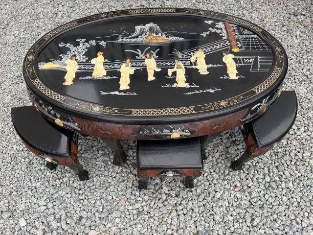 Mesa de chá chinesa 6 lugares oval em madeira com acabamento em laca preta - Foto 2