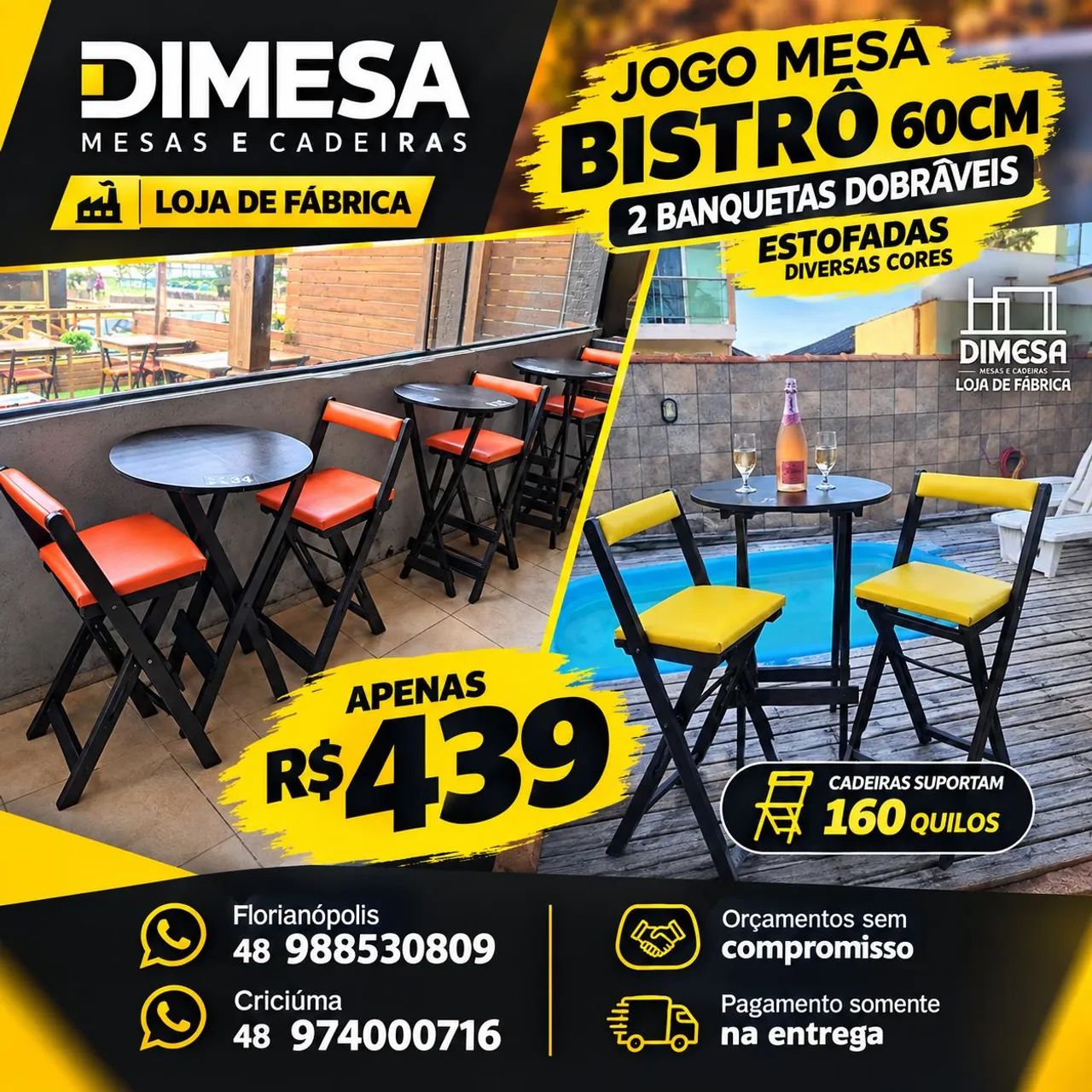 Mesa bistrô 60cm com 2 banquetas dobráveis estofadas 