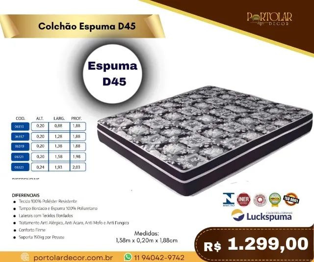 Colchão espuma D45, a pronta entrega 