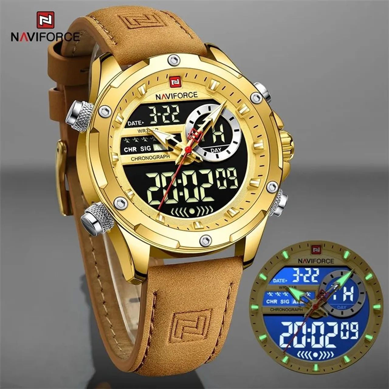 Relógio Naviforce 9208 Dourado Pulseira em Couro, Analógico e Digital, Calendário - Foto 2