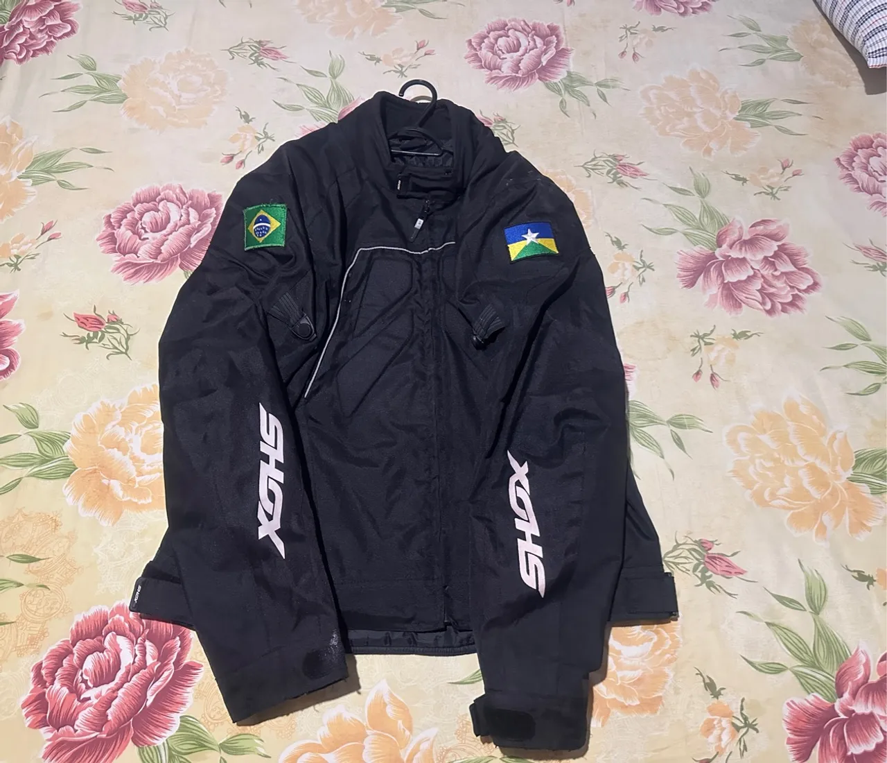Jaqueta SHOX Preta Motociclista com Bandeiras do Brasil e Rondônia