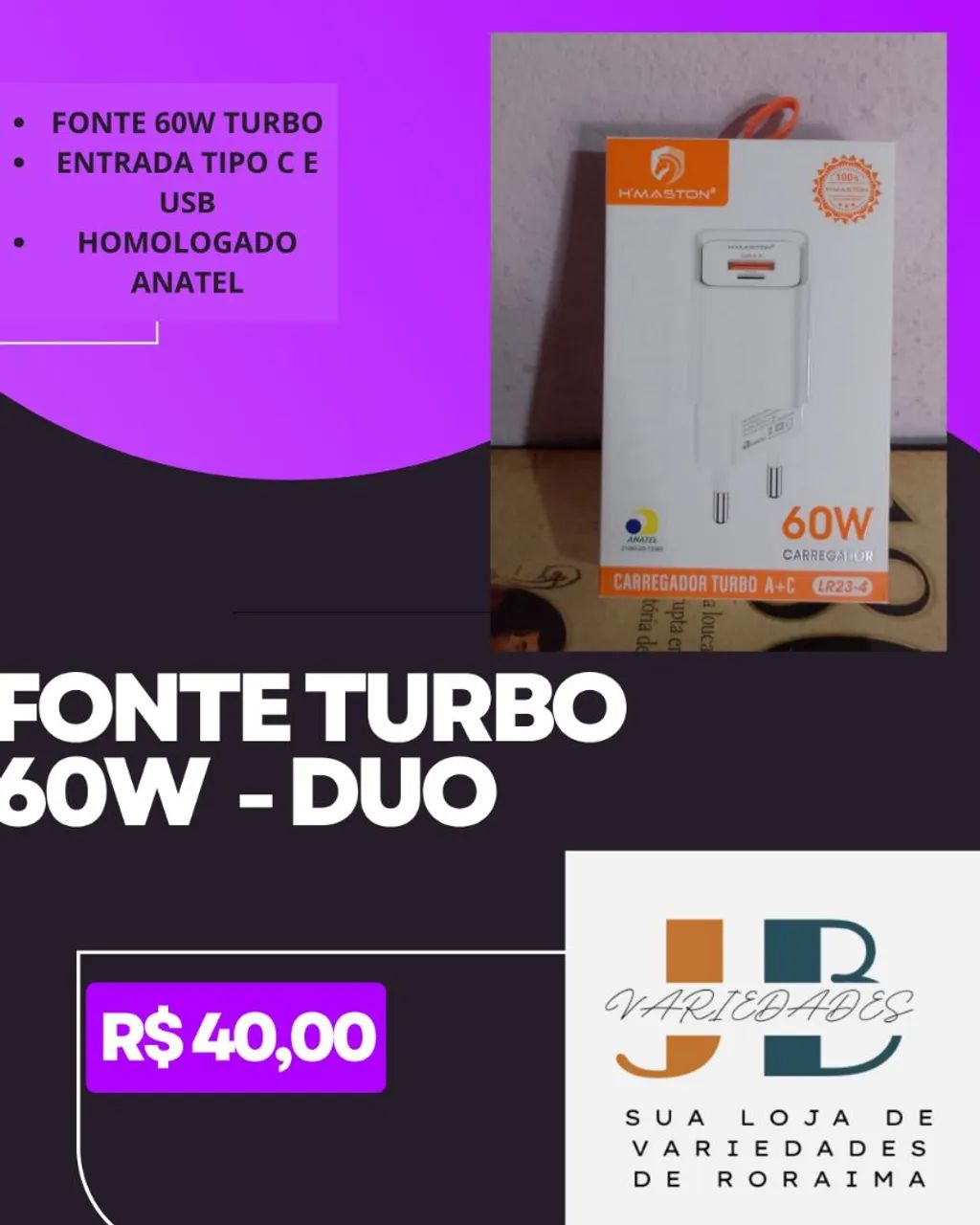 Fonte Turbo 60W Duo - Carregamento Rápido e Seguro