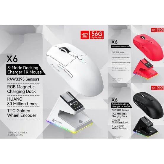Mouse Shark X6 Sem Fio Com Dock Rgb Sensor Paw3395 Tri-mode Lacrado 