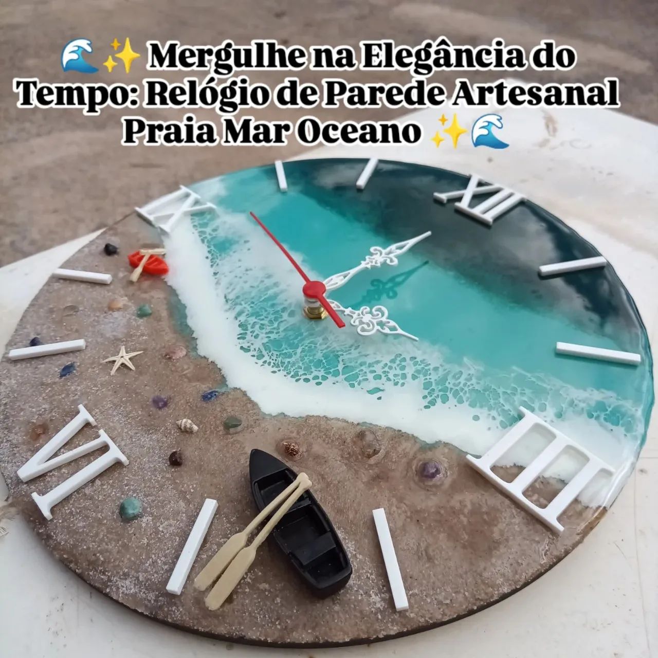 Relógio de Parede Praia Mar Oceano de Resina feito a mão Artesanal Único e Exclusivo Luxo - Foto 5