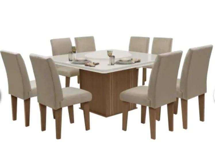 Mesa laqueada cor areia com 8 cadeiras com prato giratório 