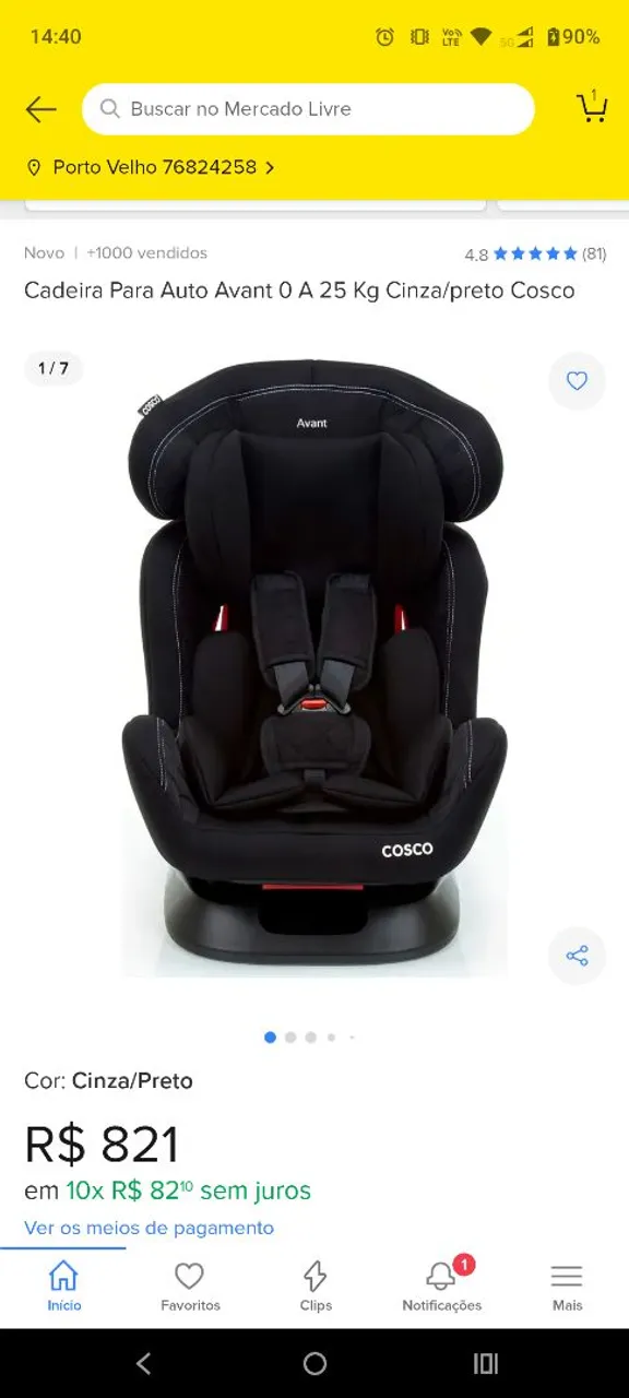 Cadeira para Auto Avant Cosco 0 a 25kg Cinza/Preto