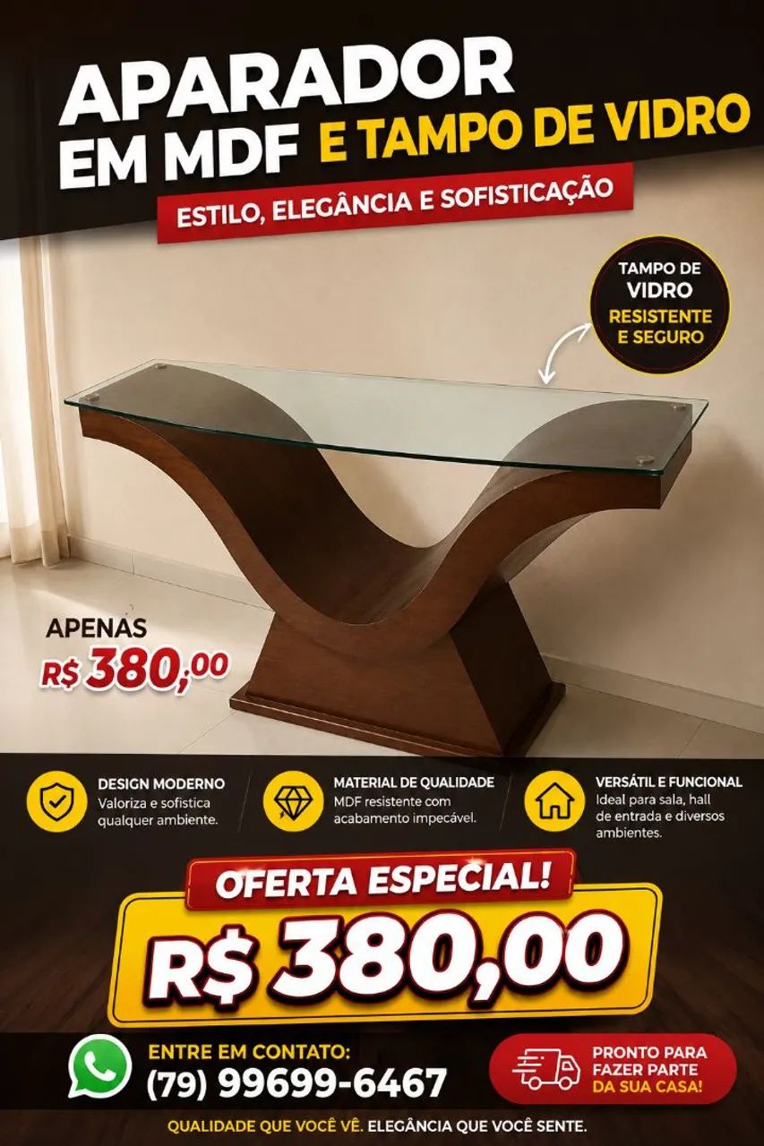 Aparador em MDF com tampo de vidro 