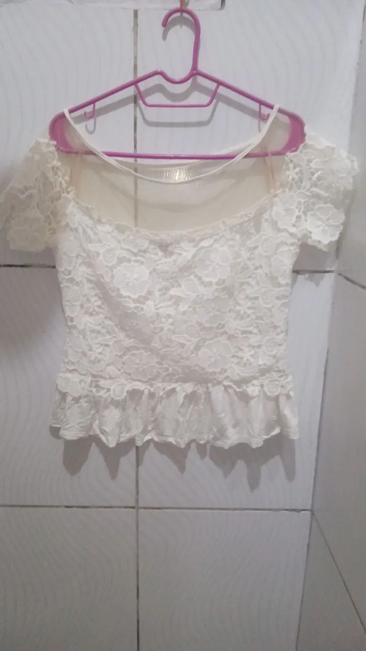 Blusa Renda/Tule Mangas Curtas Feminina M 