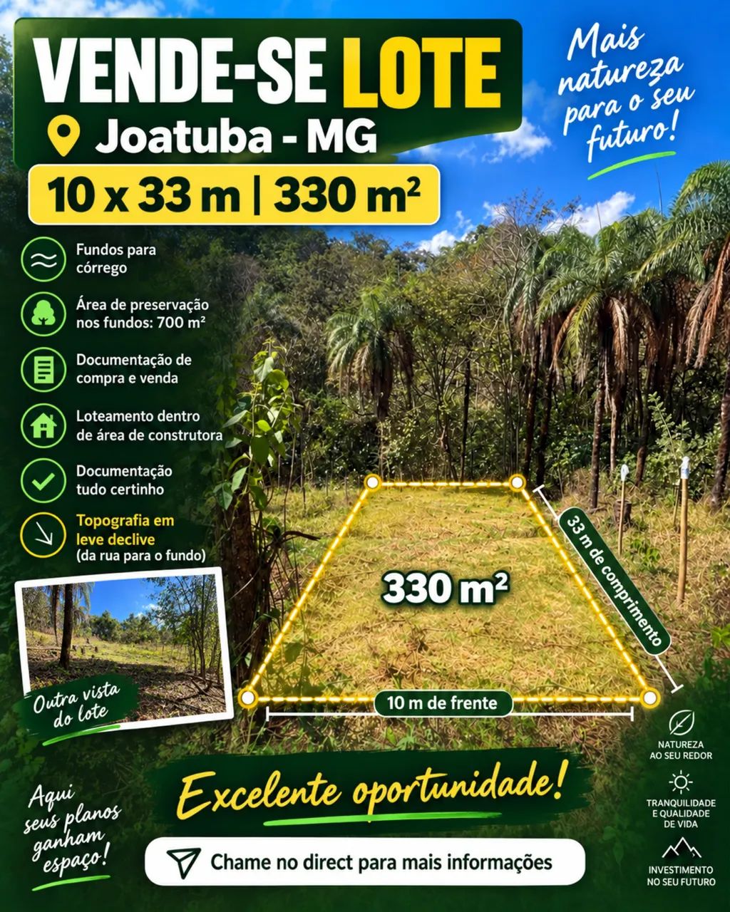 Lote 330m² em Juatuba - 6 min do Centro + Área Verde e Riacho