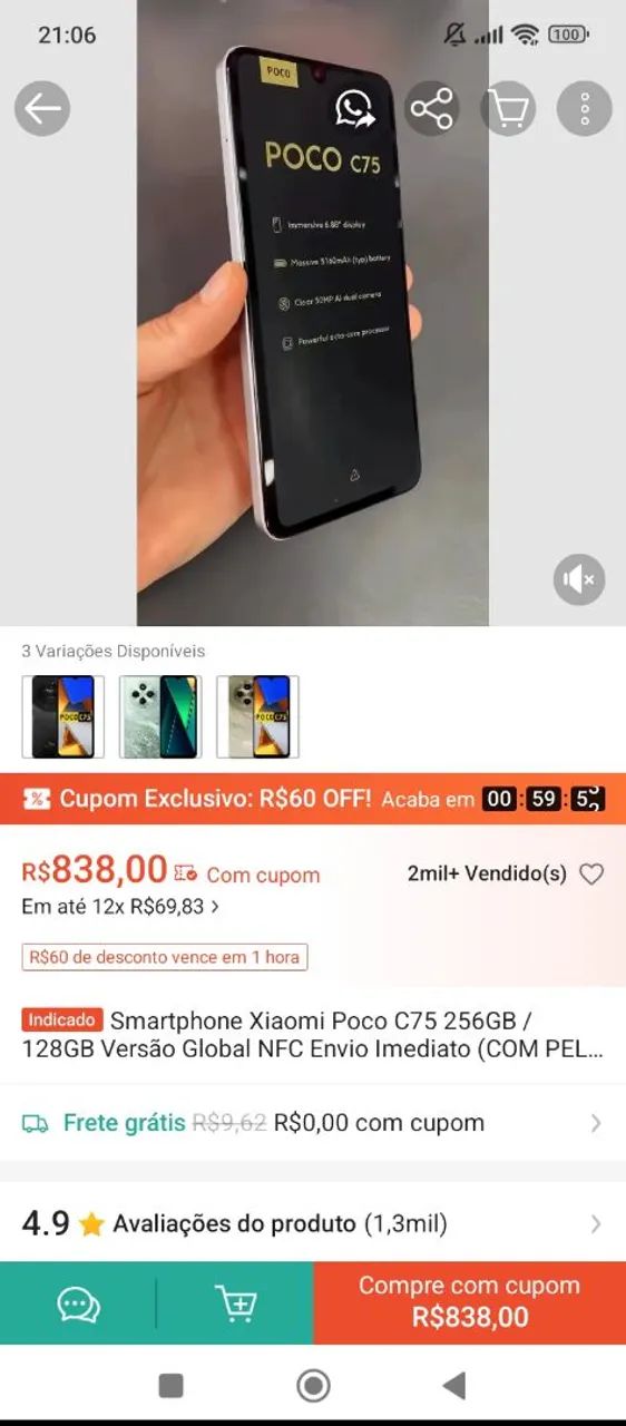 Poço c75 256gb.