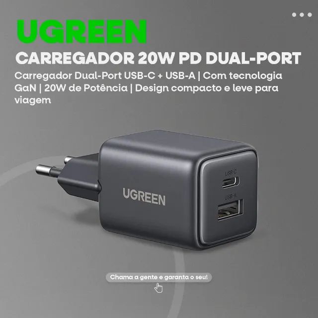 Carregador Ugreen X514 GaN DualPort 20W (USB-C + USB-A) -Entrega Grátis-