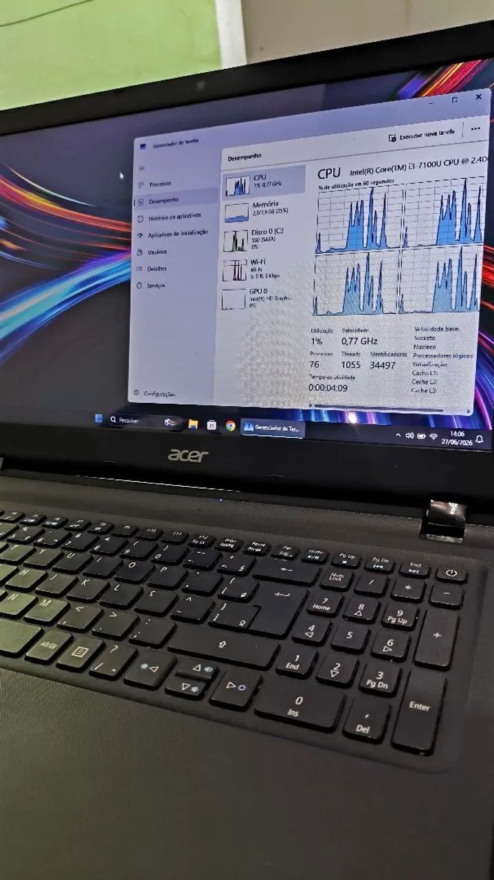 Notebook Acer i3 sétima geração ssd 240gb 8gb ram
