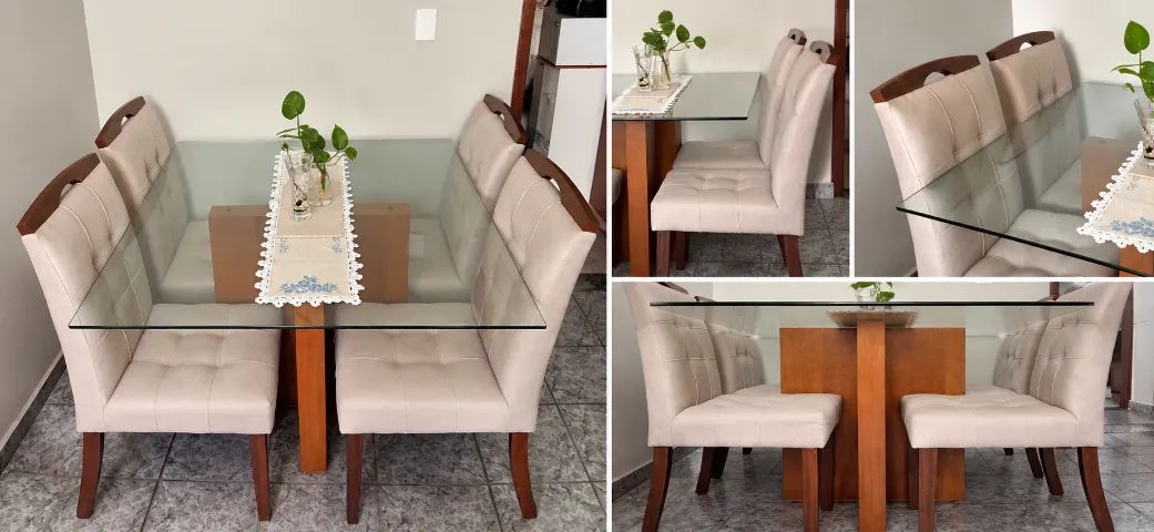 Mesa de jantar 4 lugares com 4 cadeiras - Madeira e vidro 10 mm - Impecável