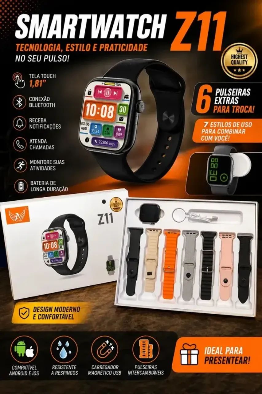 ? Smartwatch Z11 + 6 Pulseiras Extras | Tela 1,81" | Android e iPhone