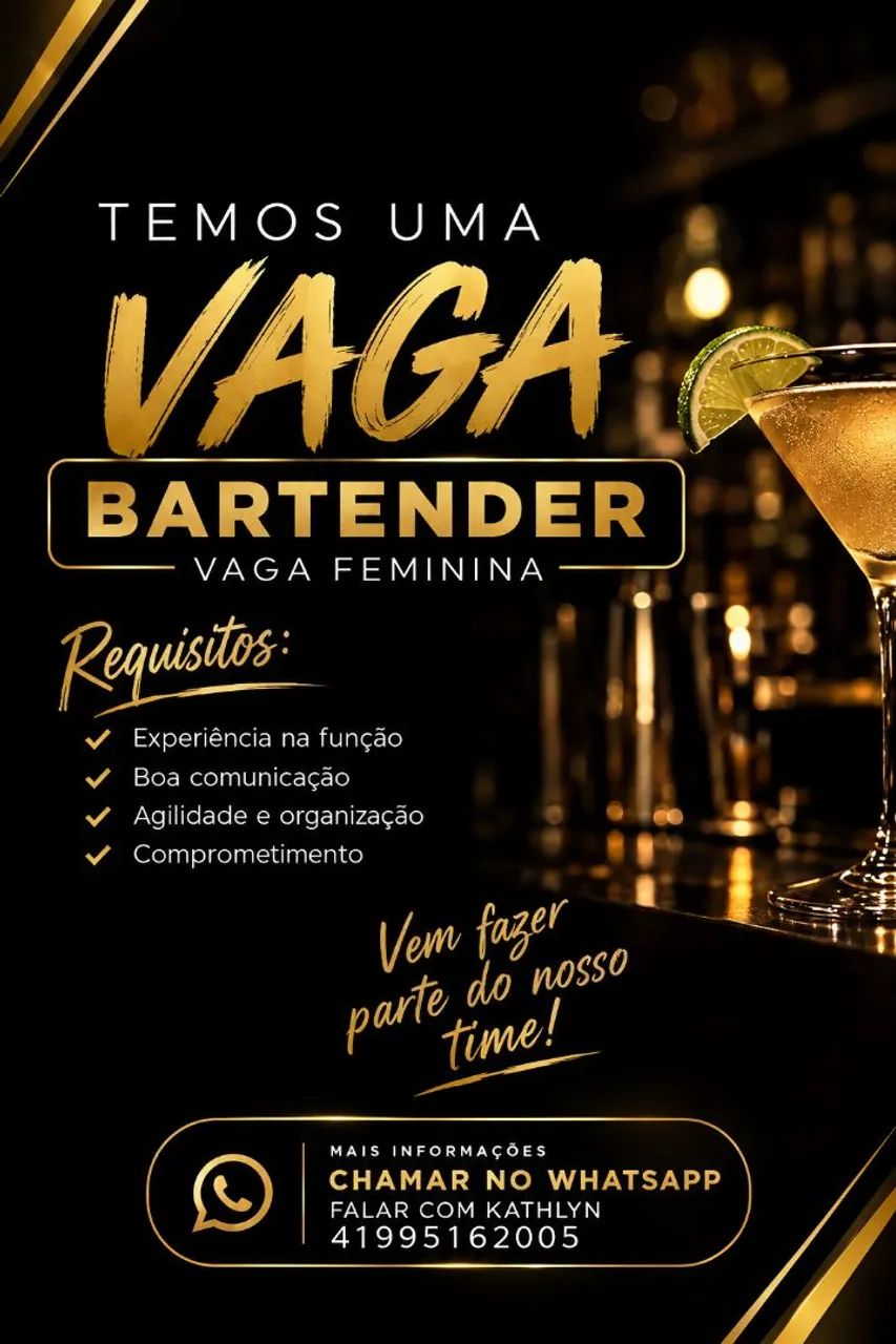 VAGA DE BARTENDER, TAXA FIXA 