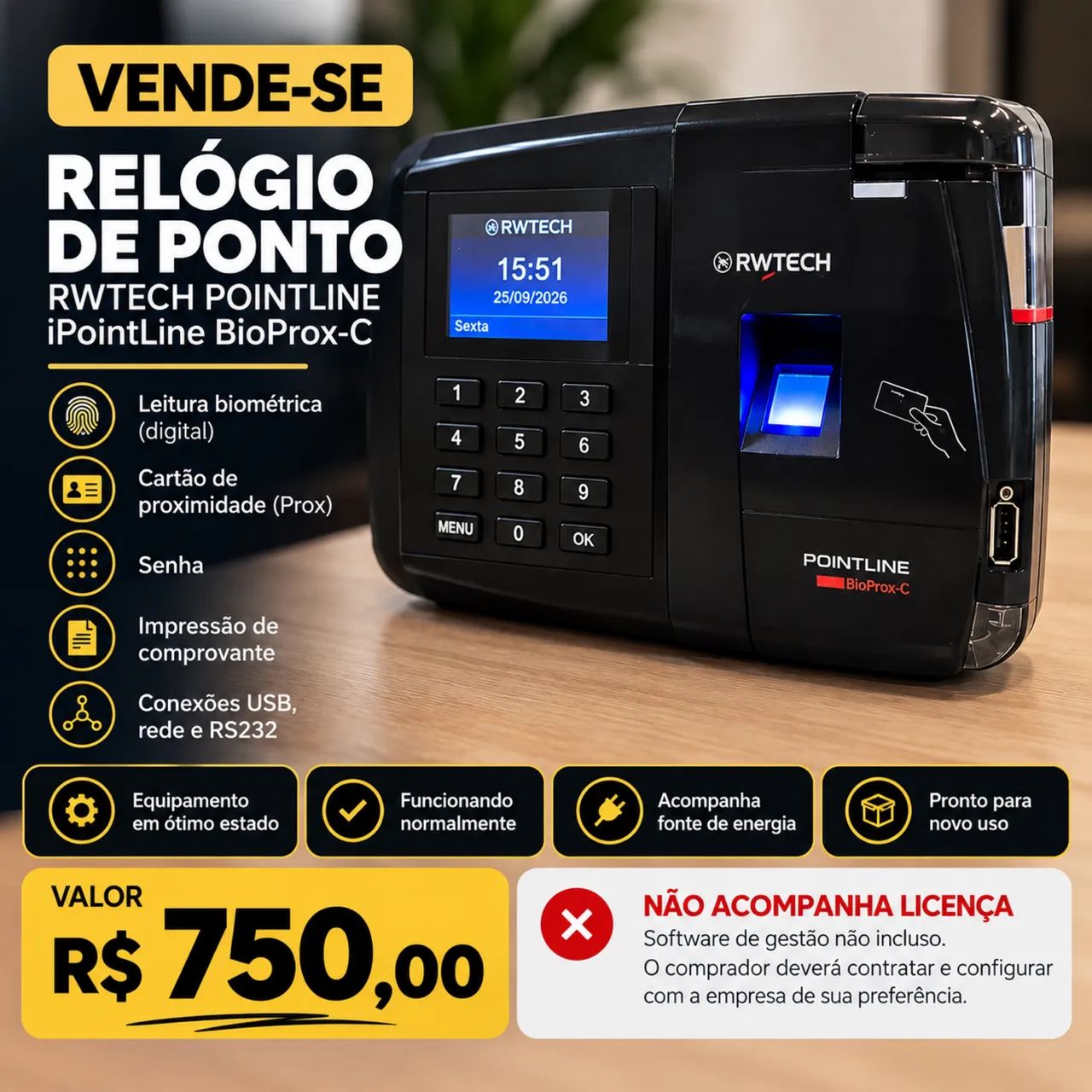 RELÓGIO DE PONTO RWTECH - SEMINOVO
