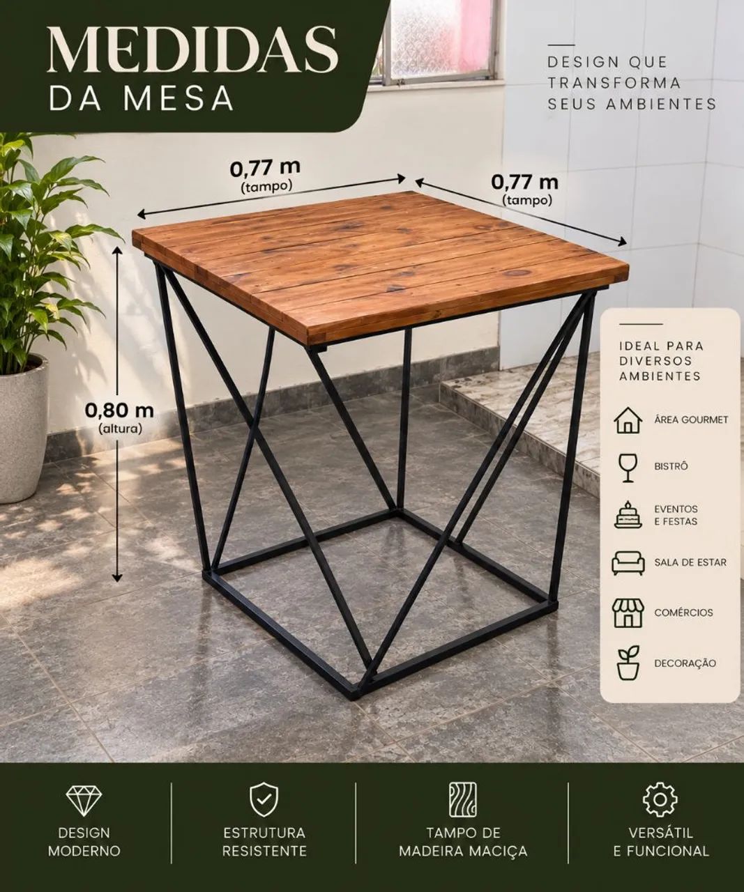 Mesa Rústica Industrial de Madeira e Ferro 77x77cm - Foto 2