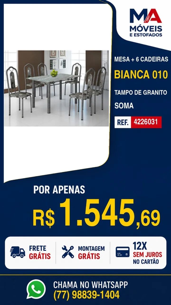 Mesa Bianca com 6 cadeiras e granito Soma