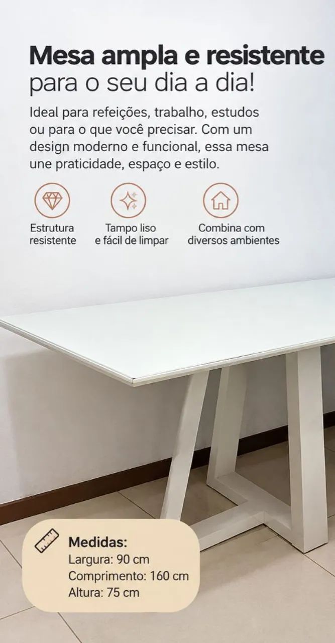Mesa de Jantar Retangular Branca com Vidro 160x90