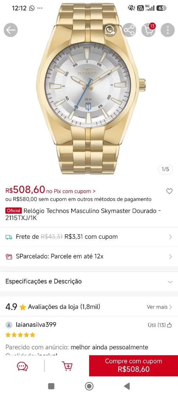 Relógio Technos SKYMASTER masculino Dourado novo - Foto 2
