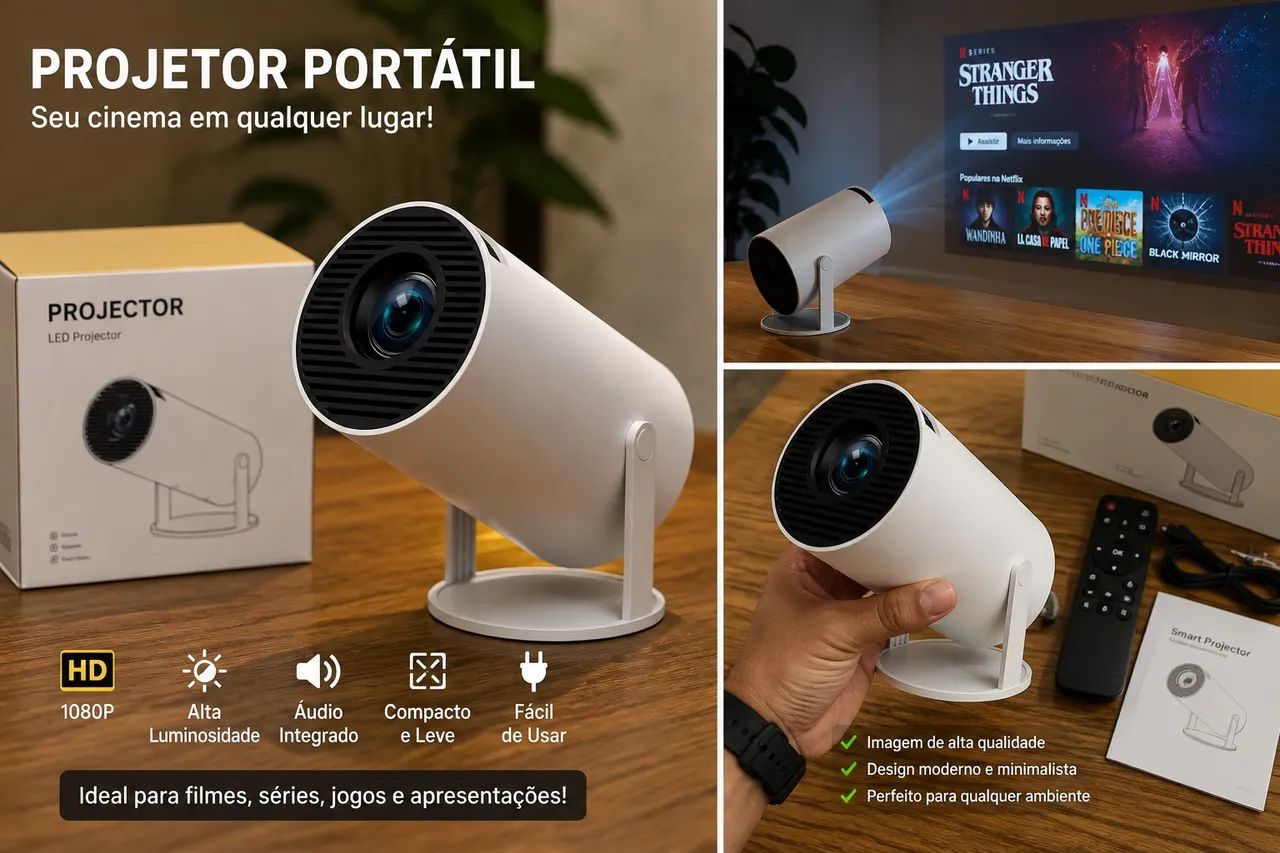 Projetor Smart Portátil Android 12 | Wi-Fi | Bluetooth | Até 120 polegadas 