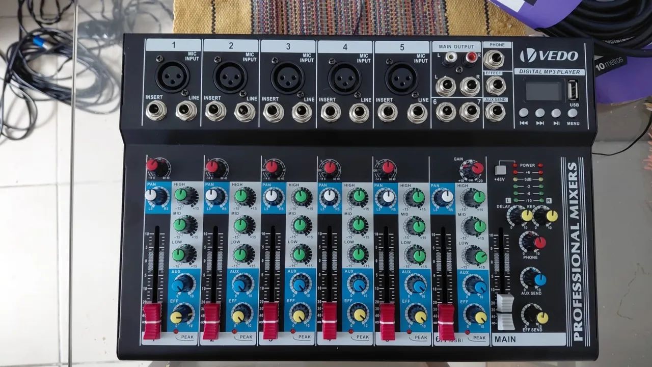 Mesa de Som Mixer Vedo 7 Canais - Bluetooth, USB, Efeitos e Phantom Power