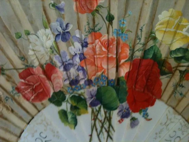 Leque Minueto Anos 40/50 Seda Com Renda Pintado A Mão - Foto 3