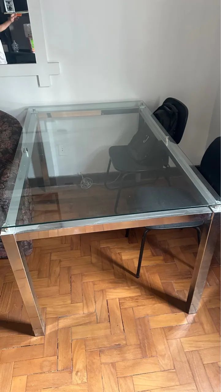 Mesa tampo vidro cromado retangular