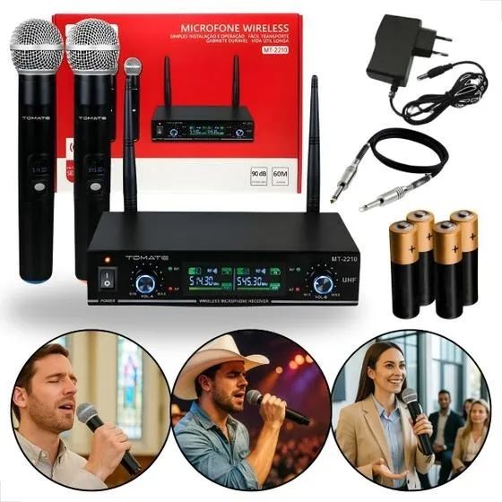 Microfone Sem Fio Profissional Para Igreja Duplo Com Alcance de 60 Metros, Tomate MT-2210