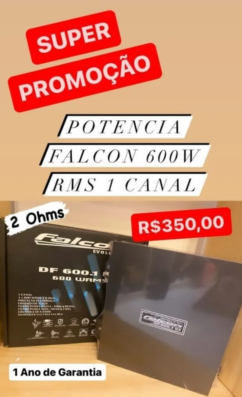 Promoção Potencia Falcon 600w Rms 1 Canal 2 Ohms Modulo Subwoofer Mono Trio Bob Grave