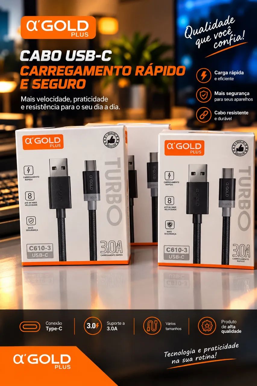 Excelente Cabo GOlD  Preto ,  USB / Tipo C 