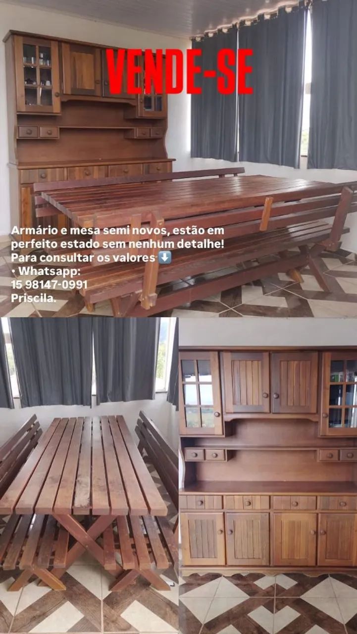 Conjunto de armário com mesa e banco de madeira macissa 