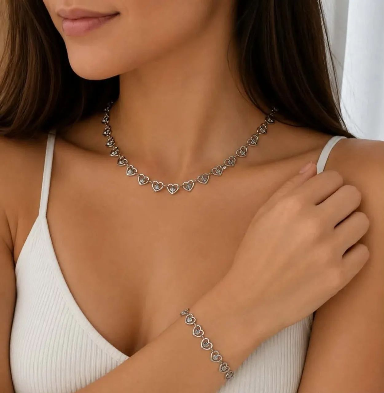 Conjunto feminino colar e pulseira de coração em aço inoxidável 