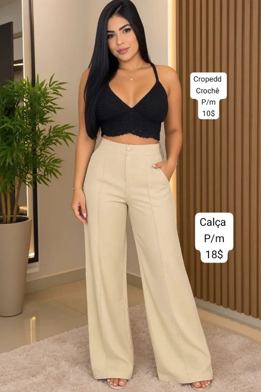 Calça social + cropedd de crochê 