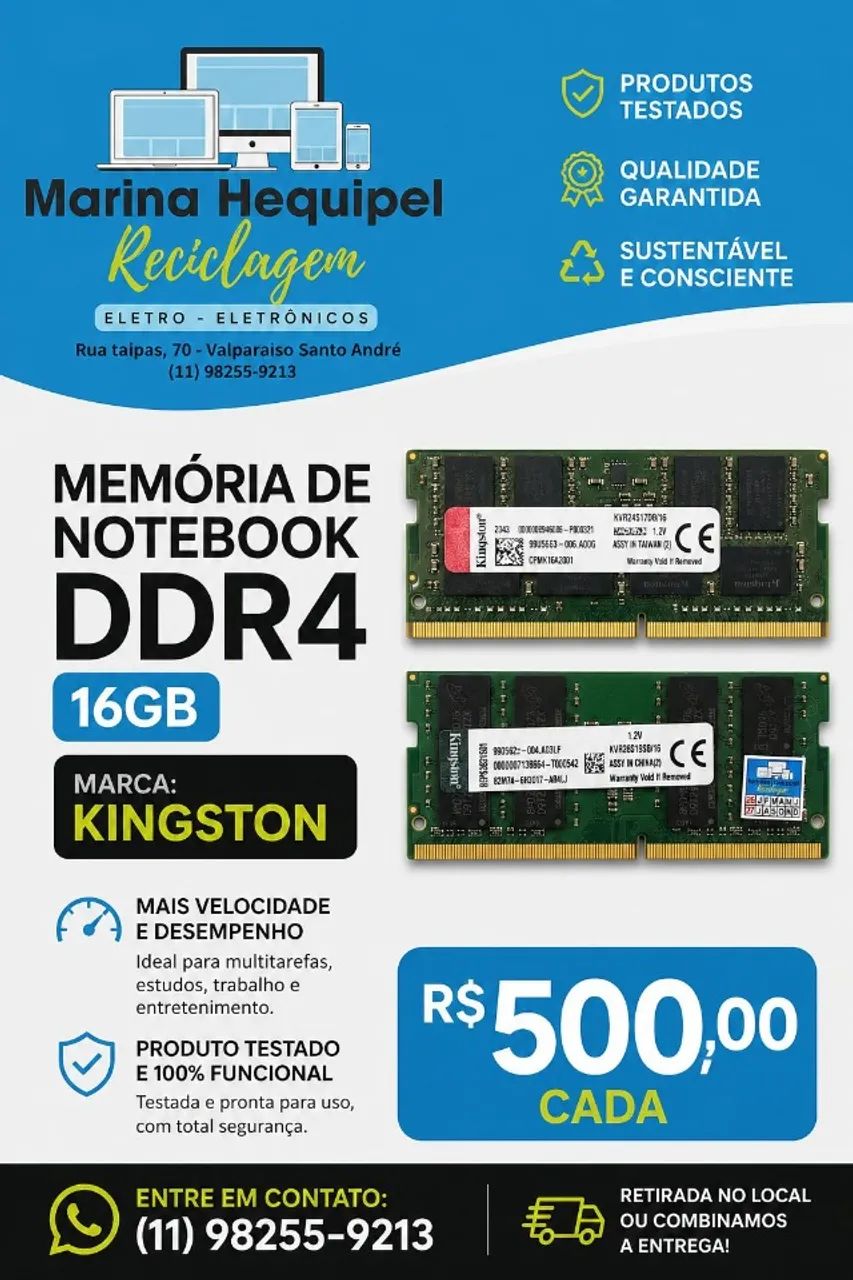 Memoria de notebook ddr4 de 16GB - valor unidade