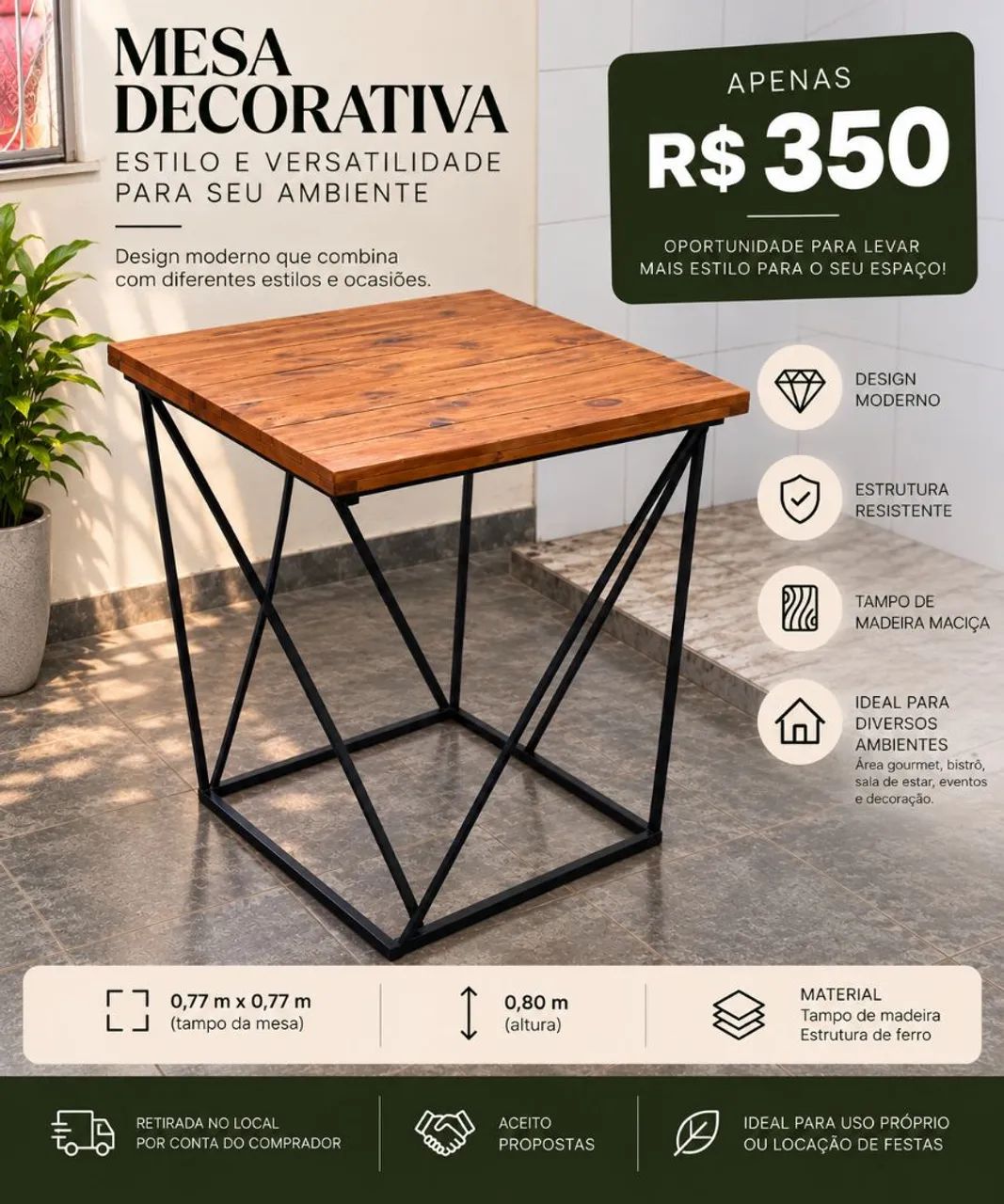 Mesa Rústica Industrial de Madeira e Ferro 77x77cm - Foto 3