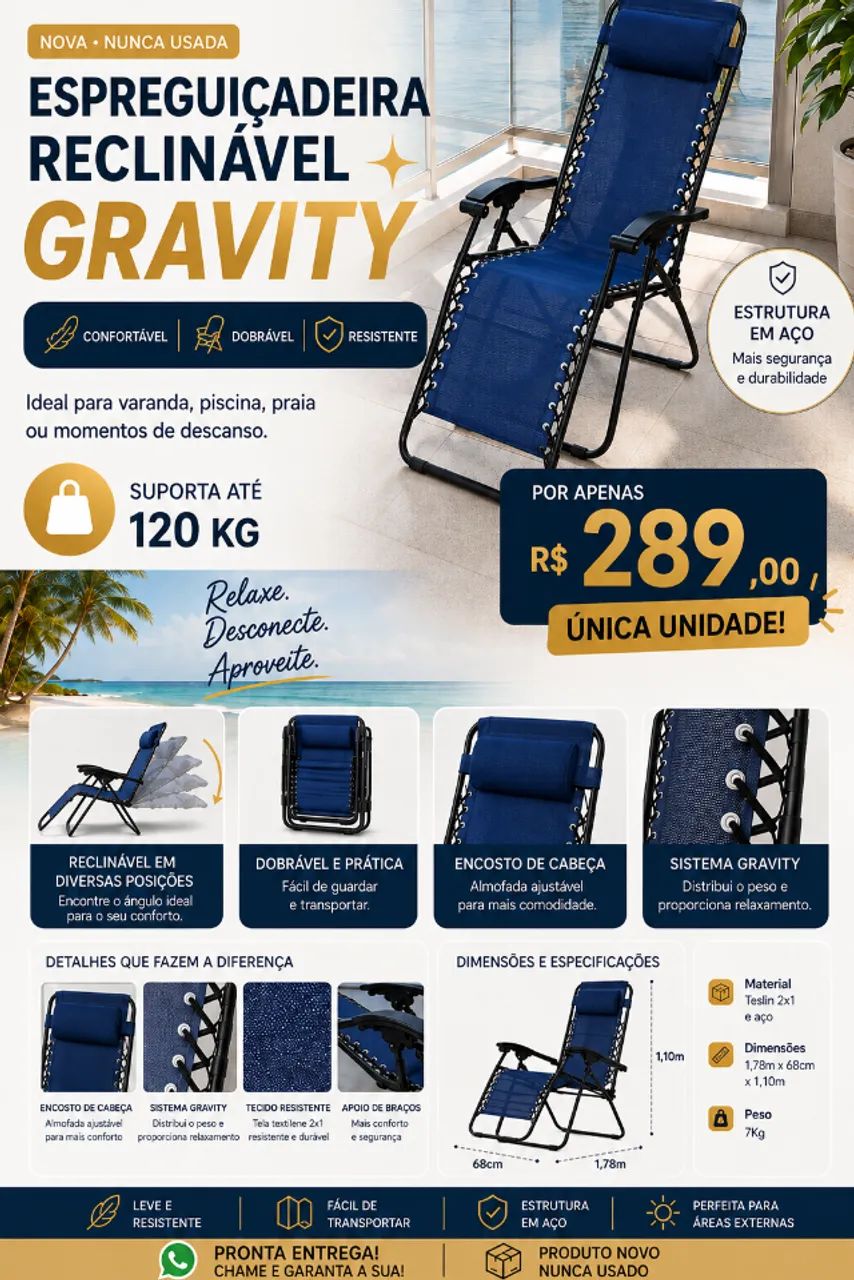 ? OPORTUNIDADE: Espreguiçadeira Gravity NTK Nautika - NOVA, SEM USO!