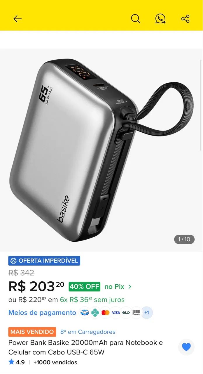 PowerBank Basike 20000mAh para Notebook e Celular com Cabo USB-C 65W - Foto 4