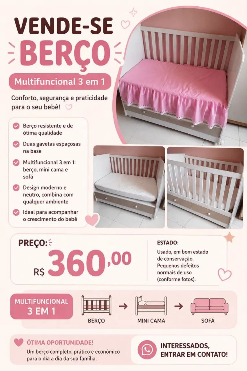 Berço multifuncional 3 em 1