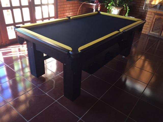 Mesa de Sinuca Madeira Maciça Tabaco Tecido Preto Bordas Amarelas Modelo PAD2254 - Foto 3