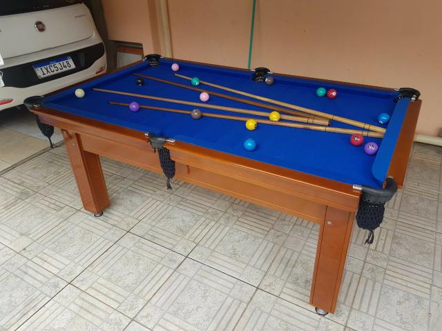 Mesa Tentação 1,93 x 1,18 Cor Imbuia Tecido Azul Mod. ZCZQ9000