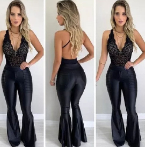 calça flare couro fake