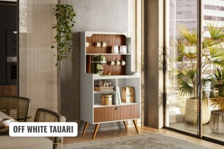 Cantinho do café rubi com detalhe ripado com espaaço para xicaras off white perolizado 