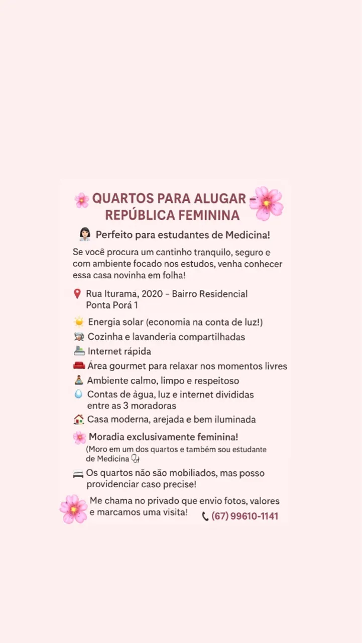 QUARTOS PARA ALUGAR - REPÚBLICA FEMININA