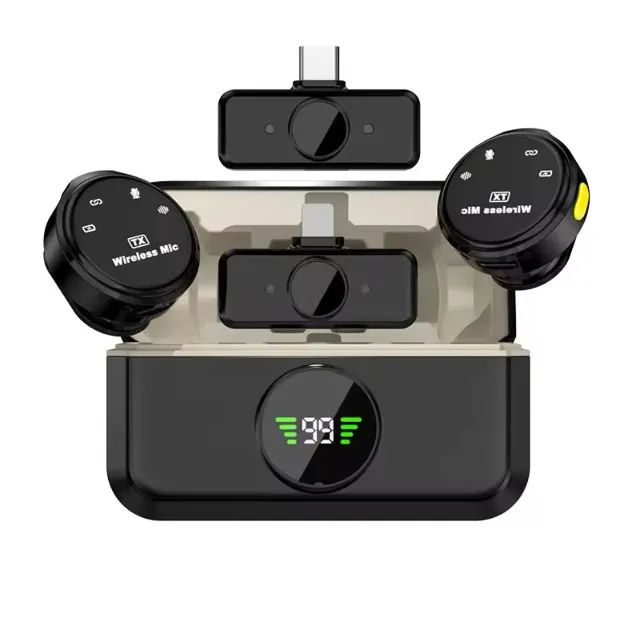 ? Microfone de Lapela Basix com duplo conector Tipo C e Lightning, gravação dupla.