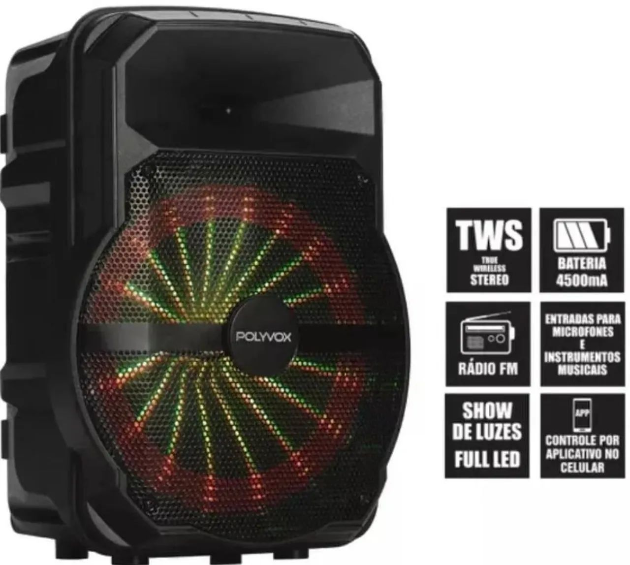 Caixa de Som Bluetooth Polyvox com Luzes LED 300W 