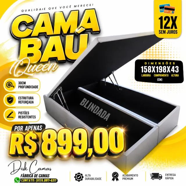 Cama Baú Queen Reforçada com 30cm de Profundidade - Apenas R$899