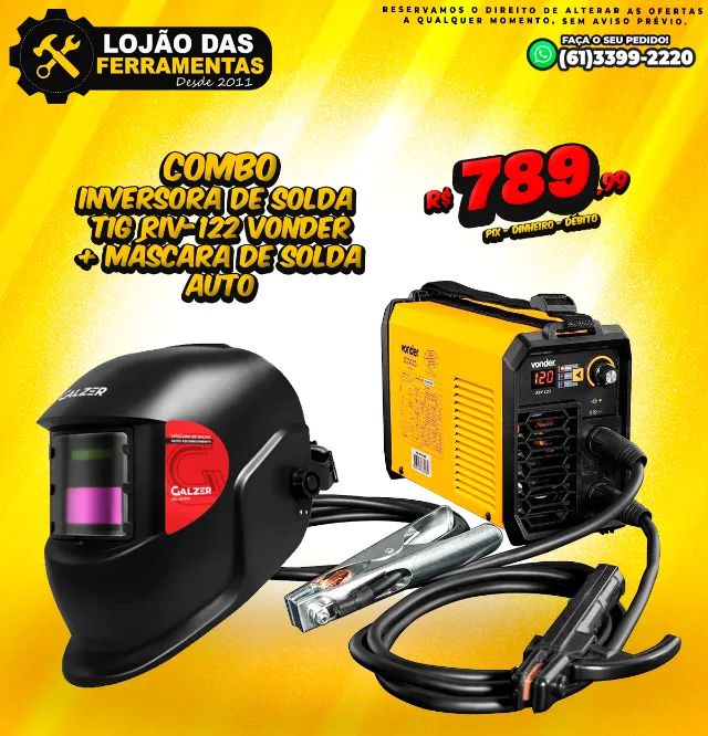Combo Inversora de Solda TIG Riv-122 Vonder + Máscara de Solda Auto