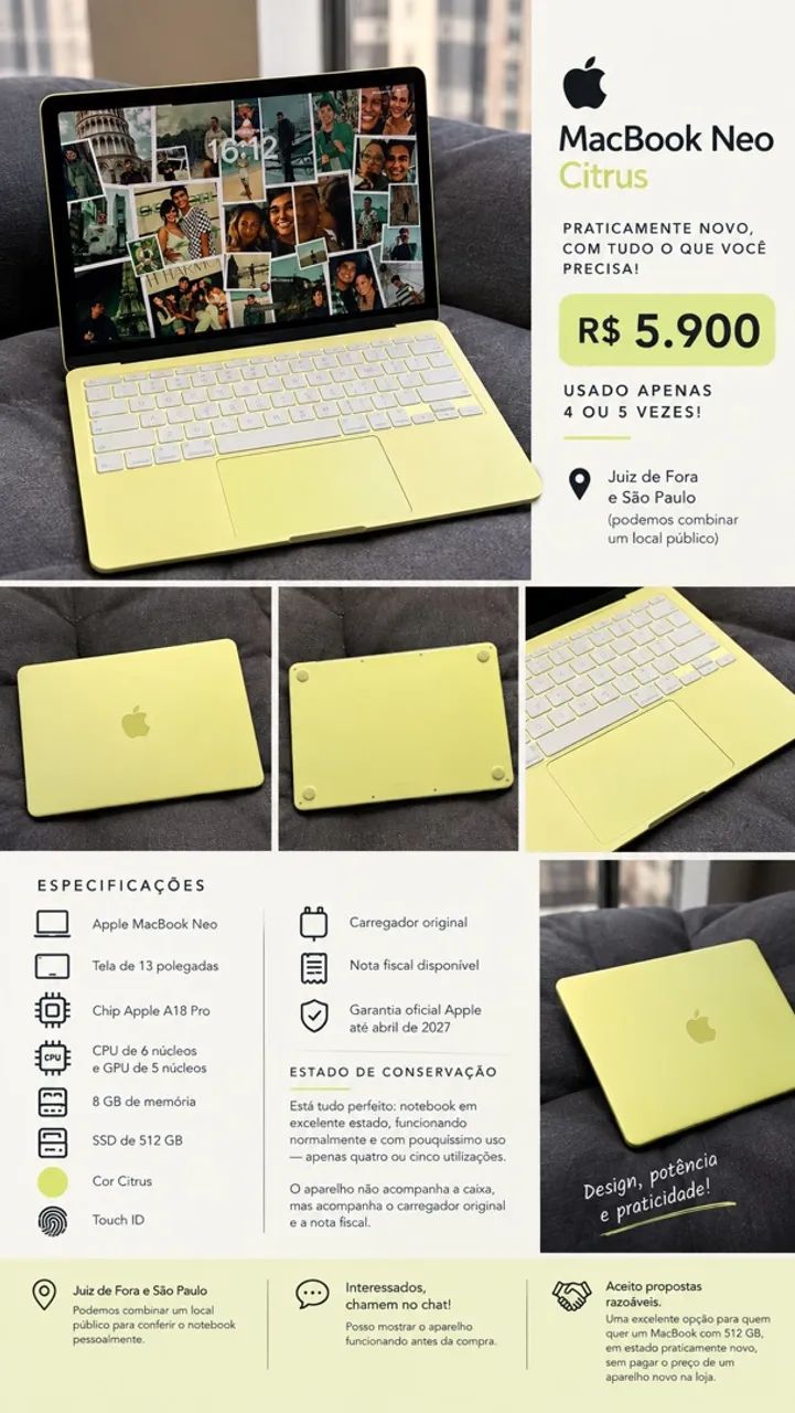 MacBook Neo Citrus 512GB - Impecável - Pouquíssimo Uso ? Garantia