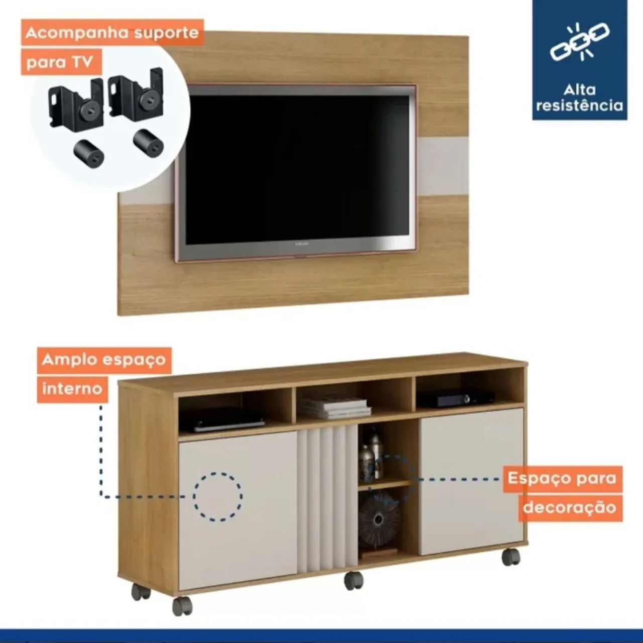 Rack com Painel Viena Tv Até 55 Polegadas C/ Rodízios Valdemoveis Off/Cinamomo <br> - Foto 2